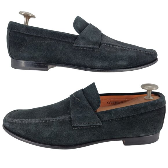 Santoni Italy Navy Blue Suede Leather Dress Shoes Mens Size 10D Slip-on Loafers - Picture 4 of 12